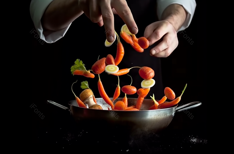 黑色专业技艺高超厨师快速的抛出锅中的食物摄影背景,高清,摄影图,摄影图片,图片大全,摄影图免费下载